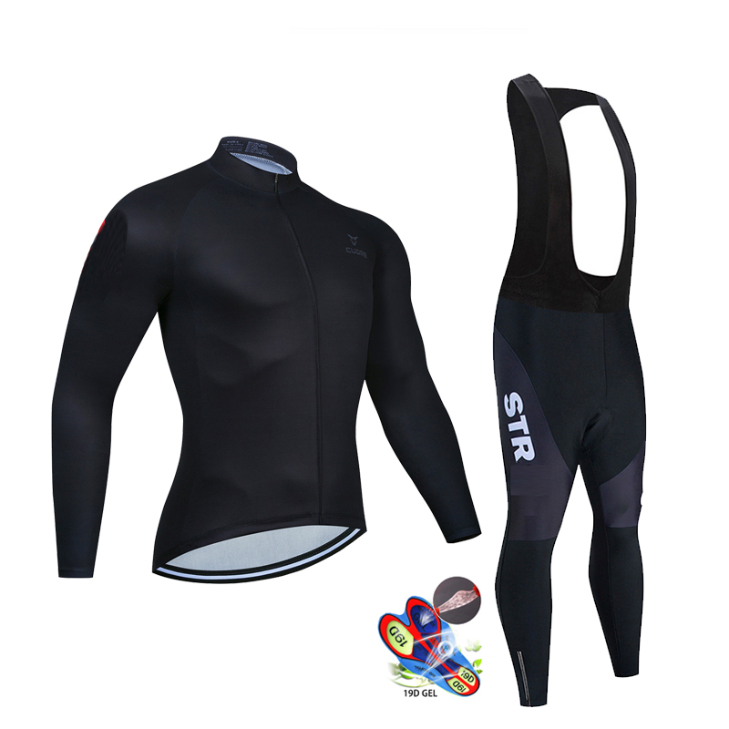 Cycling Gear Waterproof - Jesienny czarny zestaw koszulek kolarskich z